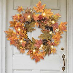 a wreath with lights hanging from the front door and leaves on it's side