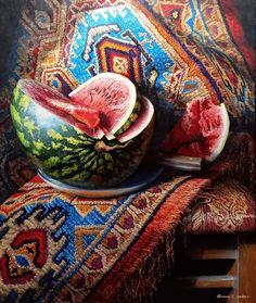 watermelon slices are displayed on a table