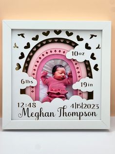 a white frame with a baby's photo in the center and hearts around it