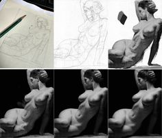 four different views of a woman's body in various stages of drawing, including pencil and paper