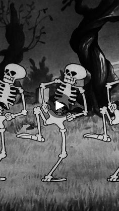 three skeletons are dancing in front of a tree