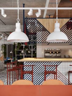 an empty restaurant with red chairs and white lights hanging from the ceiling, along with bar stools