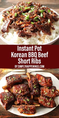 instant pot korean bbq beef short ribs on a plate with rice and green onions