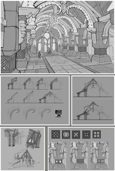 some sketches for the interior of a train station