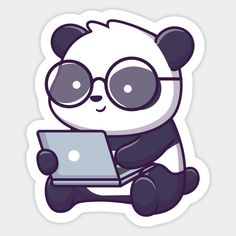 a panda bear sitting on the ground with a laptop computer in its paws and wearing glasses