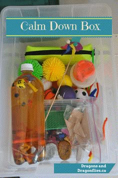 a plastic container filled with toys and other items