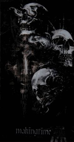 three skulls on a black background with the words misking me written in white ink