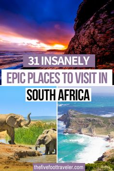 an elephant standing on top of a lush green hillside next to the ocean with text overlay reading 31 insanely epic places to visit in south africa