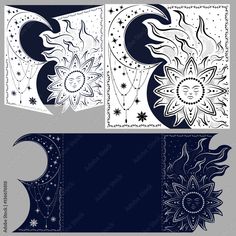 two cards with sun and moon designs in black and white, one has an image of the