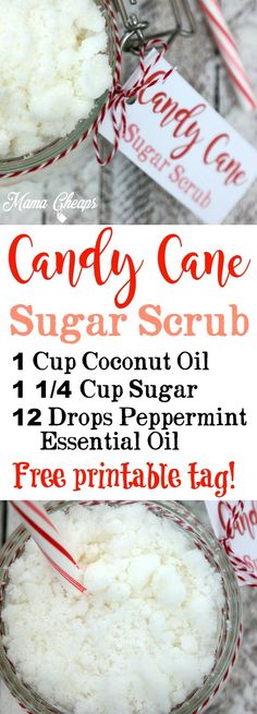 Candy Cane Sugar Scrub + Free Printable Tag! This easy holiday DIY makes the perfect gift! It is simple to make and a budget-friendly gift if you need to gift to a crowd.  #diy #christmas #gift Candy Cane Sugar Scrub, Diy Candy Cane, Peppermint Sugar Scrub, Christmas Party Snacks, Diy Body Scrub Recipes, Diy Sugar Scrub Recipe, Peppermint Sugar Scrubs, Diy Christmas Candy, Diy Christmas Party