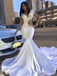 A-Line/Princess Tulle Layers V-neck Sleeveless Floor-Length Dresses - Hebeos Sweep Train Prom Dress, White Mermaid, Prom Girl Dresses, V Neck Prom Dresses, White Prom Dress, Beaded Prom Dress, Prom Girl, Rhinestone Dress, Satin Prom Dress