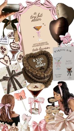 a collage of various items including a cake, wine glass, and other things