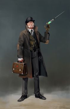 a man in a top hat and coat holding a briefcase with a green light on it