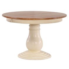 a white pedestal table with a wooden top on an isolated white background for use as a centerpiece