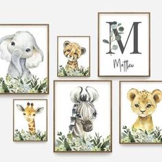 four framed pictures with animals on them in different colors and font, including the letter m