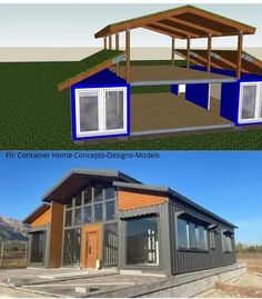 two pictures showing different types of small houses in the same area, one is made out of shipping containers