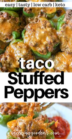 taco stuffed peppers on a white plate with the title in the middle and an image of