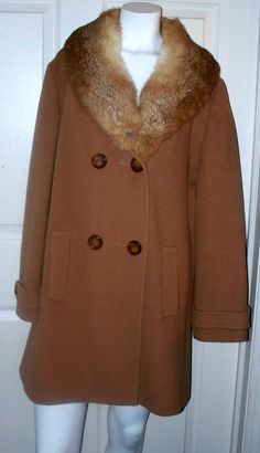 "This is such a lovely vintage rabbit collar beige wool coat. It feels quite thick, so it would be nice and warm. It's lined in beige satin fabric. This is a 3/4 length coat with full length sleeves! The wonderful rabbit collar accents this luxurious wool coat . This is truly a fashion for the ages! Condition: Good. Measurements: Sleeves (shoulder to cuff), 24\" Length: 32.5\" Shoulder-to-Shoulder: 17.5\". Size: Unmarked Brand: Unmarked Material: Wool Body, Mink Collar Closure: Button Front Addi 1950s Coat, Beige Wool Coat, Perfect Coat, Vintage Rabbit, Size Comparison, Womens Jackets, Wool Coat, Satin Fabric, Summer Looks