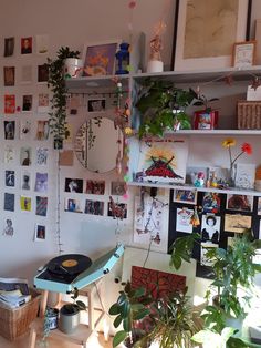 a room filled with lots of plants and pictures on the wall next to a record player