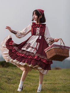 Women's Countryside Ruffle Lolita Dress Features：   	Product ID:DS0438  	Material:Polyester,Cotton,Spandex  	Season:Spring,Summer,Autumn,Winter  	Color:Red  	Include:Cape*1+Dress*1  Size Chat： Country Lolita, Cottagecore Dress, Dresses Royal, Check Dress, Vestidos Vintage, Layered Skirt, Little Red Riding Hood, Red Riding Hood