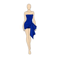 a female mannequin in a blue dress with one leg up and the other side down