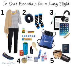 the contents of a travel bag are shown with text that reads, in seat essentials for a long flight