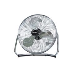 a metal stand fan sitting on top of a white wall