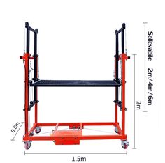 an orange cart with two black shelves on it and measurements for the height of the cart