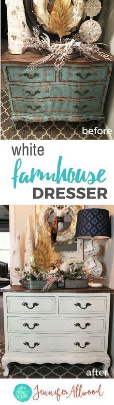 an old dresser is transformed into a white farmhouse dresser