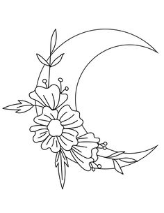 the moon with flowers on it is outlined in black and white, as well as an outline