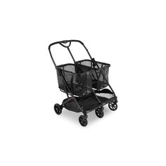 a black stroller with two baby seats on the front and back wheels, one is empty