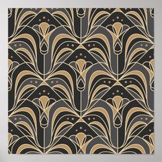 an art deco wallpaper pattern in gold and black poster print by person, via ete