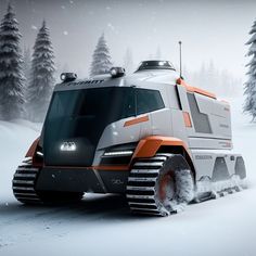 an orange and white vehicle driving on snow covered ground with trees in the backgroud