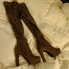 Nwot, Sexy! 4.75" Heel Lace-Up Boots Never Worn (Can't Pull Off The Heel Height!) Stretch Fit, 22.5" Shaft Height, 1" Platform Brown Suede Party Boots, Brown Suede Boots For Party, Party Suede Brown Boots, Party Heels With Suede Lining For Fall, Fitted Suede Lace-up Boots, Fitted Lace-up Suede Boots, Suede Lace-up Boots For Night Out, Party Boots With Suede Lining And Fitted Design, Suede Heels For Night Out In Winter