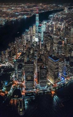 an aerial view of new york city at night