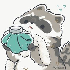 a drawing of a raccoon holding a tea pot