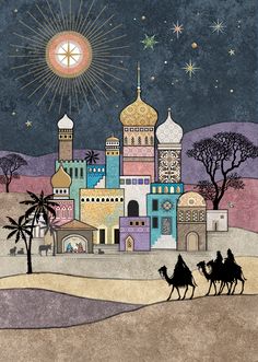 the three wise men are riding on camels in front of an old building with a star above it