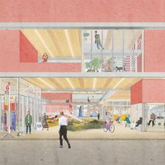 an artist's rendering of the inside of a building with people walking and riding bikes