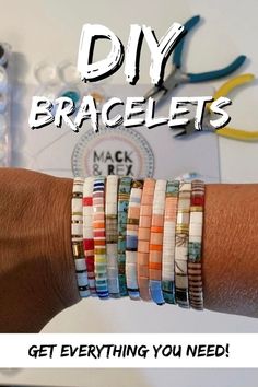 a woman's arm with bracelets on it and the text diy bracelets get everything you need