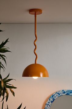 a lamp hanging from the ceiling next to a mirror and potted plant in a room