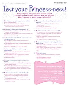 a pink and white poster with the words, test your princess's kiss on it