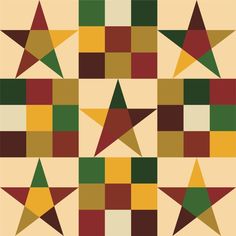 an abstract pattern with many different colors and shapes, including green, red, yellow and brown stars