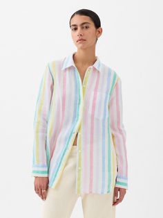 100% Linen Boyfriend Shirt | Gap Multicolor Linen Tops For Spring, Gap Linen Summer Shirt, Spring Linen Shirt By Gap, Gap Linen Spring Shirt, Gap Linen Shirt For Spring, Gap Summer Tops With Spread Collar, Gap Linen Button-up Shirt, Gap Linen Shirt With Relaxed Fit, Gap Relaxed Fit Linen Shirt