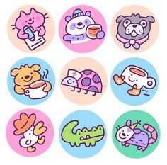 cartoon animal stickers are shown in different colors