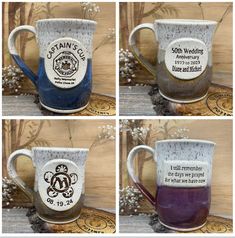 four different mugs with designs on them