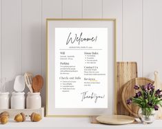 a poster with the words welcome on it next to other kitchen items and utensils