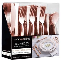 rose gold plastic forks and spoons in a box