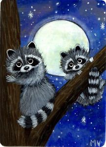 two raccoons sitting on a tree branch in front of the moon