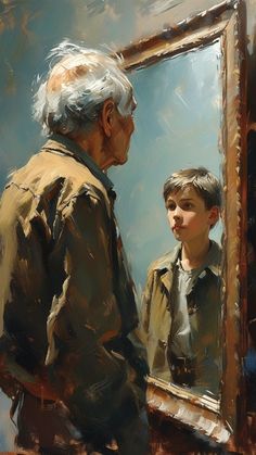 an older man looking at his reflection in a mirror while standing next to a young boy