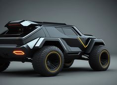 the futuristic vehicle is black with yellow wheels